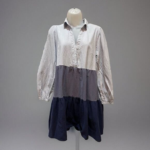 Simply Southern tiered swing dress color blocked long slv collar blues sz L - Picture 1 of 5